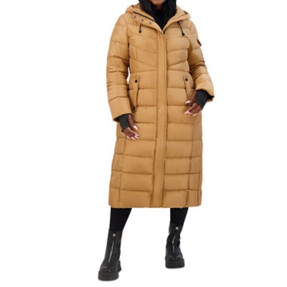 Steve Madden Maxi Puffer Coat Women Hooded Carmel Preppy Cozy Boho Large NWT - Picture 1 of 12